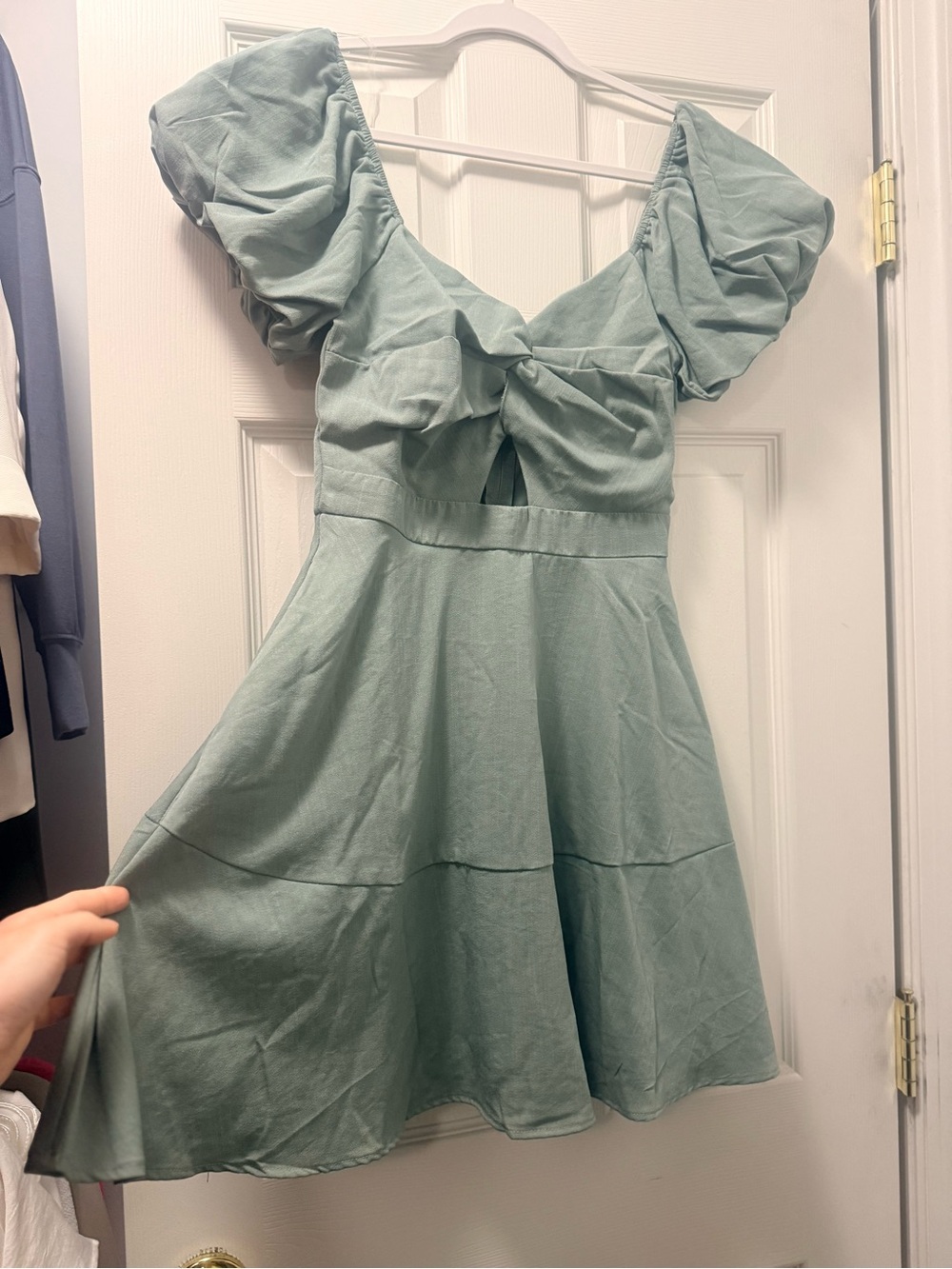 Trixxi Sage Green Puff-Sleeve Tie-Front Mini Dress
